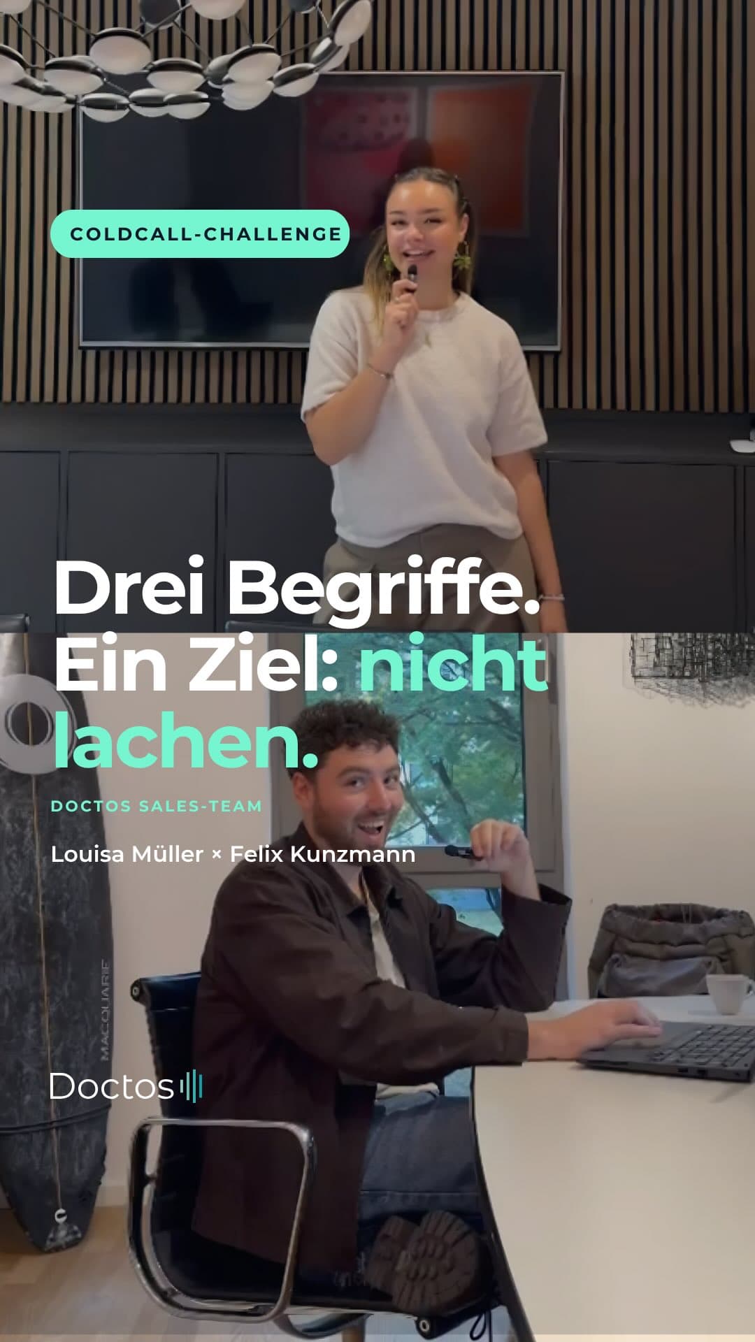 Coldcall-Challenge. Drei Pflichtbegriffe, die in kein Verkaufsgespräch gehören. Louisa und Felix müs…